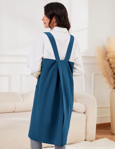 Women's Cotton Cross Back Pinafore with Big Pockets Practical Aprons for Gardening Works (3X-Large / Lake Blue)
