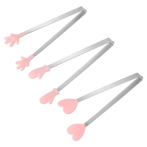 Mini Food Tongs 5.5" Pattern Shape Stainless Steel with Silicon Tips Small Cooking Tongs Kitchen Food Tongs Serving Tongs for Cooking Grilling BBQ Barbecue Kitchen (Pink)