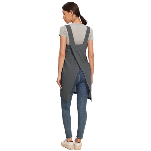 Women Apron with 2 Pockets Cotton Linen Kitchen Baking Cooking Chef Cross Back Pinafore Dress for Work Restaurant Gardening (Medium / Dark Grey)