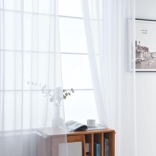 Sheer White Curtains 4 Panels Rod Pocket Semi (White / 52"W x 72"L (Pack of 4))