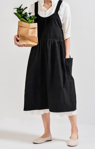 Cotton Cross Back Kitchen Cooking Aprons for Women with Pockets Cute for Baking Gardening Cleaning Without Waist Ties (Black-c)