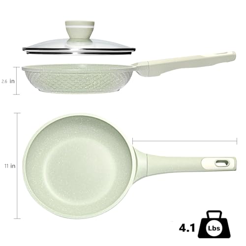 Non Stick Frying Pan 11 Inch with Tempered Glass Lid Nonstick Skillets Geen (Green-11 inch with Lid)