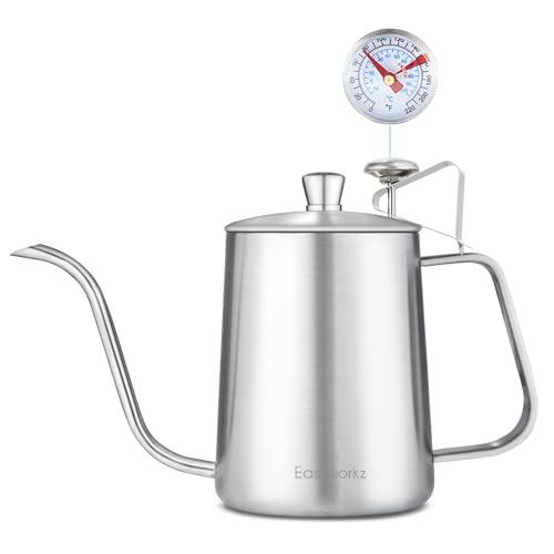 Gage Gooseneck Pour Over Coffee Kettle 20 oz with Thermometer Stainless Steel Hand Drip Coffee Pot With Long Narrow Spout (Silver)