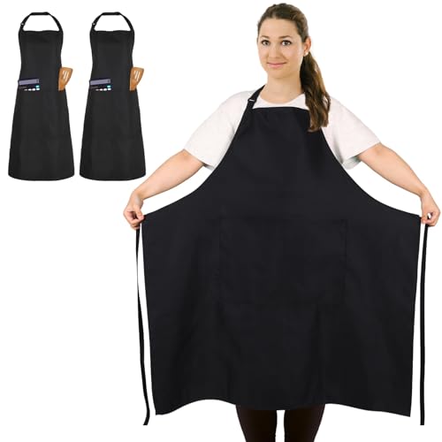 2 Pack Plus Size Waterproof Chef Apron with 2 Pockets for Men Women (Black)
