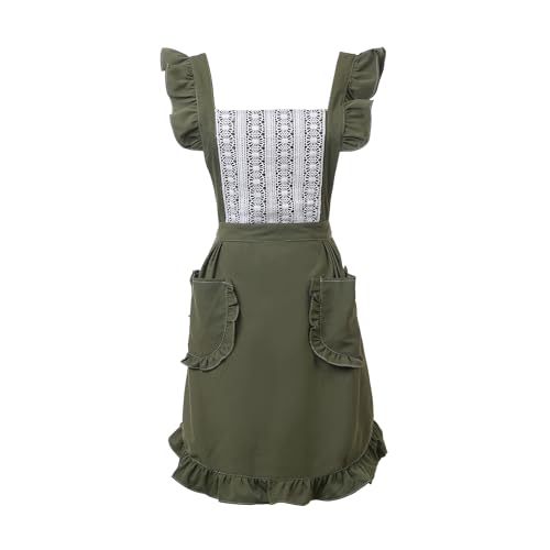 Cute Cotton Apron with Lace for Women (Medium / Army Green)