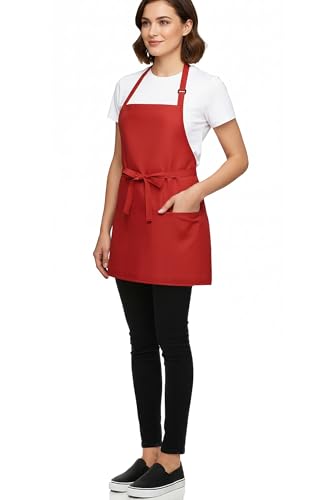 Kitchen Cooking Apron Unisex Adjustable chef apron with 3 pockets (01 Pack Red)
