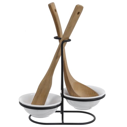 Countertop Ceramic Spoon Rest with Matte Black Metal Stand (White / Black / Double)