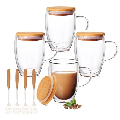 4 Pack 12oz Double Walled Glass Coffee Mugs with Bamboo Lid