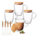 4 Pack 12oz Double Walled Glass Coffee Mugs with Bamboo Lid