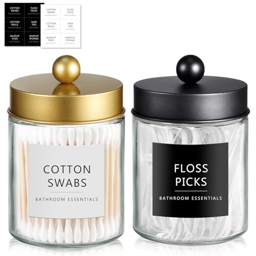 2 Pack Glass Qtip Holder with Black & Gold Stainless Steel Lids (2 pack / Black&Gold)