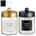 2 Pack Glass Qtip Holder with Black & Gold Stainless Steel Lids (2 pack / Black&Gold)