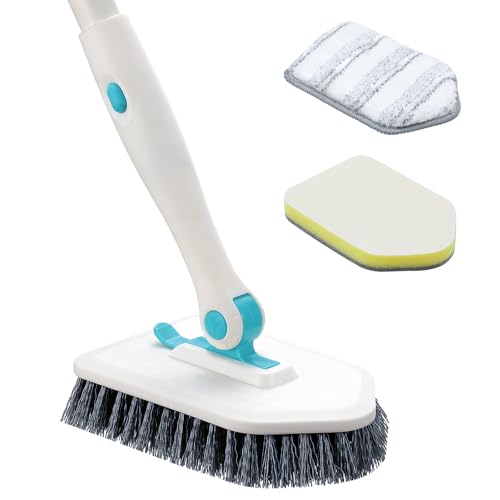Shower Scrubber with Long Handle (Blue White / 2 pads+squeegee)