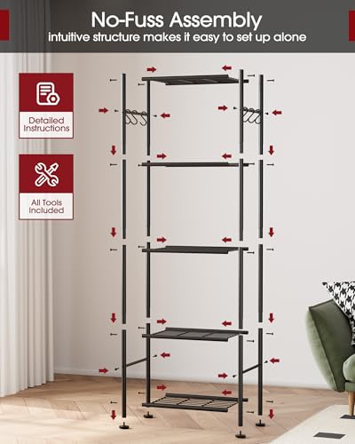 5 Tier Storage Rack Organizer with Hooks (Black / 18.1W×12.4D×56.8H(5T))
