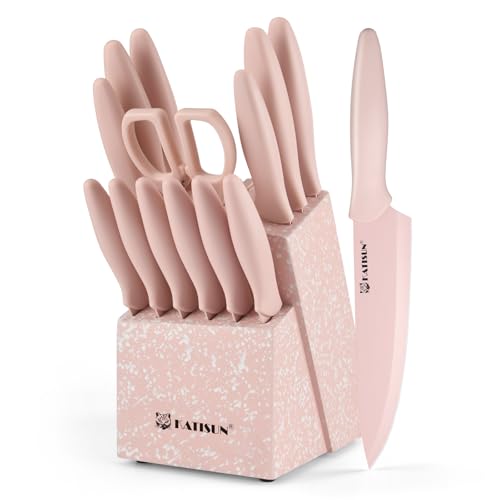 15 Piece Pink Nonstick German Steel Knife Set with Block (Pink / 15 Pieces)