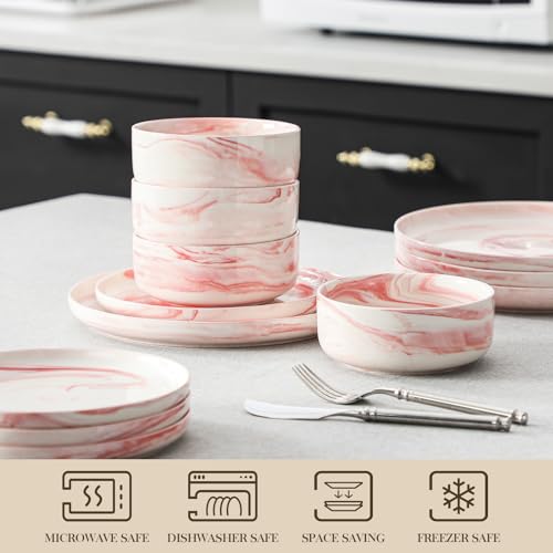12 Pcs Porcelain Plates and Bowls Sets (Marble Pink / 12 Pcs (Service for 4))
