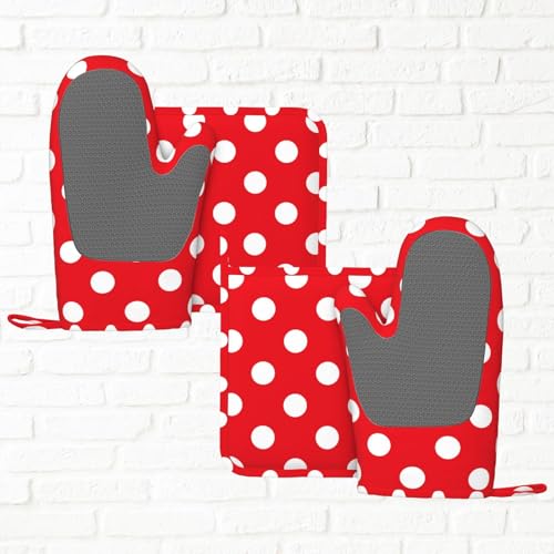 Red and White Polka Dot Oven Mitts and Pot Holders Sets of 4 (Red and White Polka Dot)