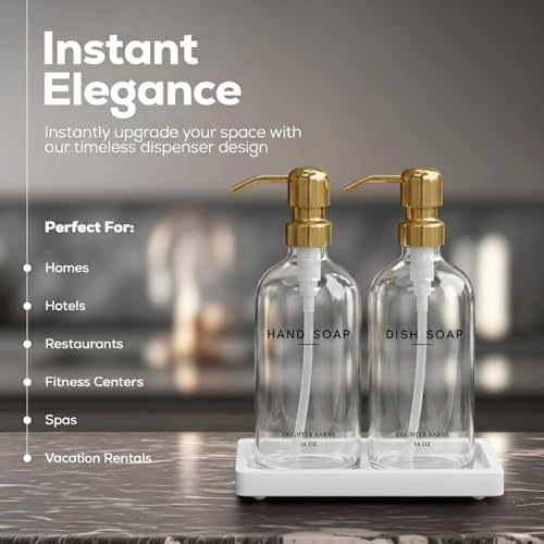 Luxury Glass Hand and Dish Soap Dispenser Set by Brighter Barns (Clear/Gold Hd)