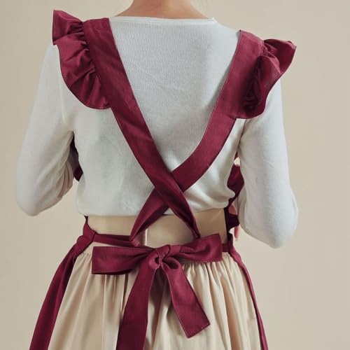 Cute Cotton Apron Frilly Lace Ruffle Adjustable Pinafore Apron Dress with Pockets for Cooking Baking Cleaning Gardening (Carmine)