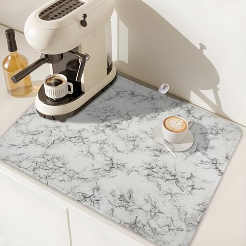 White Grey Marble Dish Drying Mat for Kitchen Counter Modern Marble Pattern Microfiber Dish Drainer Mat Absorbent Washable Drying Pad Extra Large 18"x24" (Marble White Grey / 24" x 18")