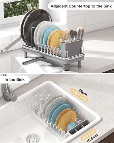 Small Dish Drying Rack with Drainboard (Gray)