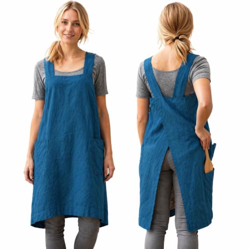 Cross Back Linen Cotton Apron with Pockets (3X-Large / Denim Blue)