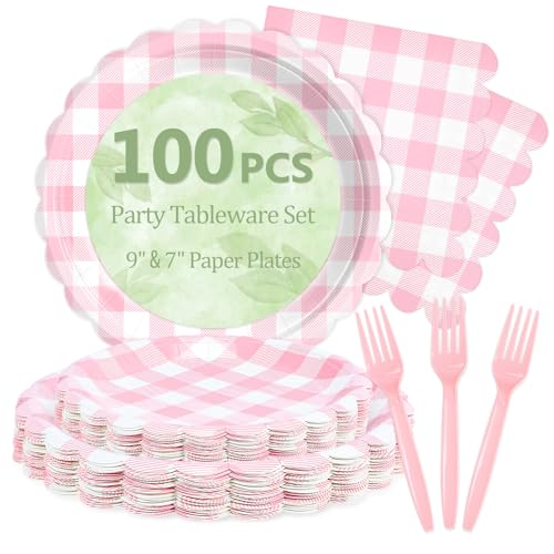 100 Pink Gingham Paper Plates&Napkins Disposable for Party (Pink Gingham 100 Plate Set / 7 & 9-inch Set)