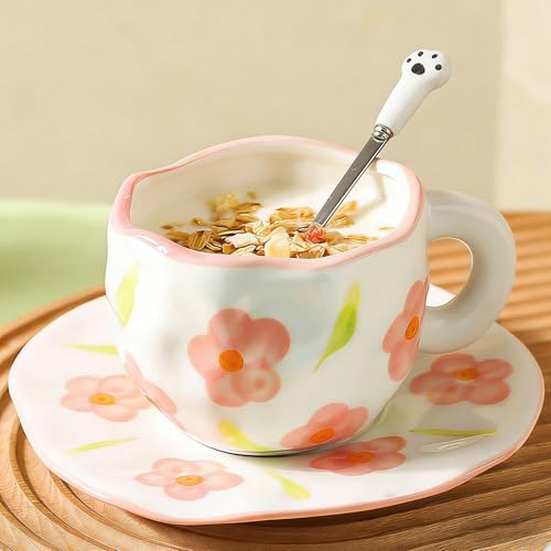Coffee Mugs Set with Saucer Cute Flowers Cup Gifts for Women Birthday Tea Coffee Mug with Coaster 250 ML Ceramic Cup Birthday Gift for Women Girls Mom Friend Coffee Mug aucer Set (#A Flowers Coffee Mug Set with Saucer)