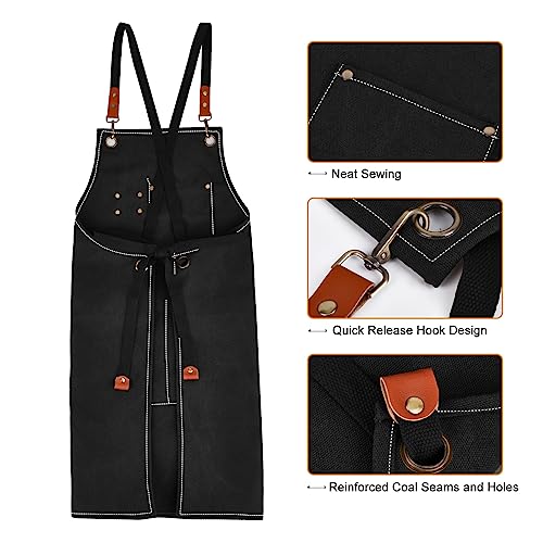 Cross Back Chef Aprons for Men Women with Pockets (Black)