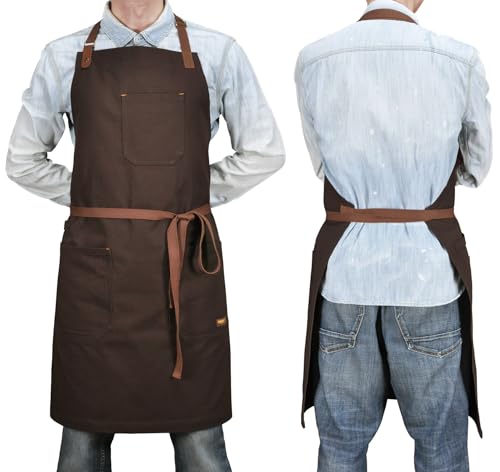 Mens Womens Kitchen Apron with Pockets & Towel Loop (Brown)