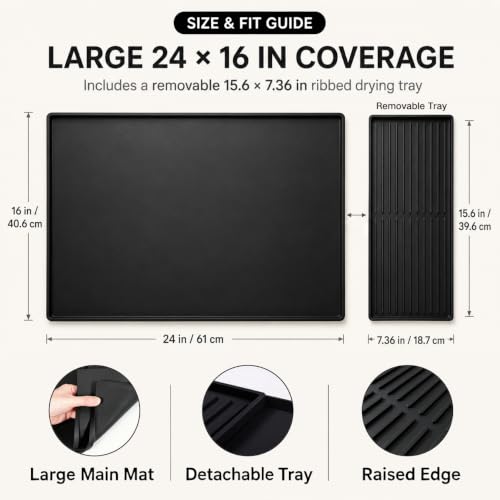 Silicone Coffee Mat with Removable Tray for Coffee Bar Organizer (Classic Black)