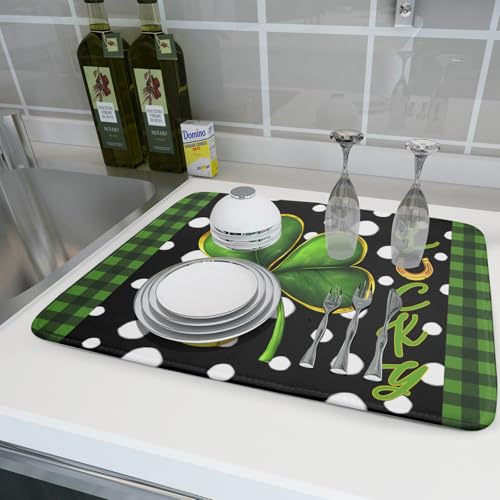 St. Patrick's Day Dish Drying Mats 18x24 Inch Green Clover Shamrock Lucky Kitchen Mat Polka Dot Microfiber Drying Mats Ultra Absorbent Reversible Dishes Drying Rack Pad for Kitchen Countertops (St Patricks Day Lucky Shamrocks-Dot / 18" x 24")