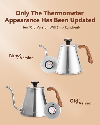 Gooseneck Kettle with Thermometer for Pour Over Coffee and Tea (Silver)