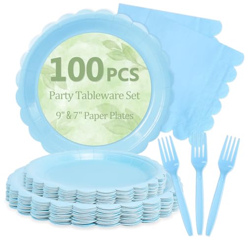 100 Light Blue Paper Plates and Napkins Disposable Set for Party (Light Blue 100 Plate Set / 7 & 9-inch Set)