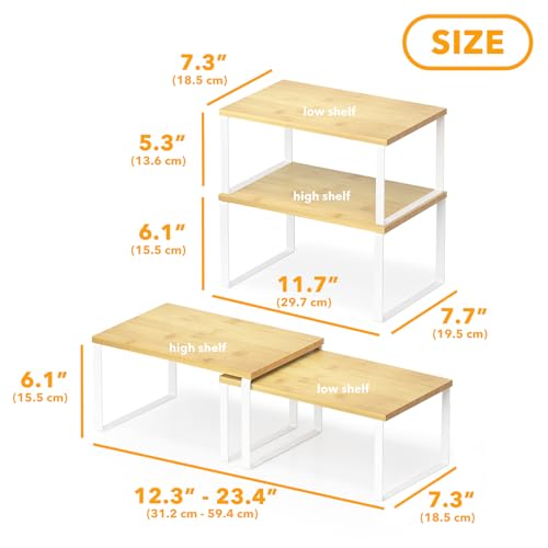 Cabinet Shelf Organizers 2 Pack (11.7"W / White + Natural)