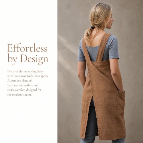 Cross Back Linen Cotton Apron with Pockets (XX-Large / Brown)