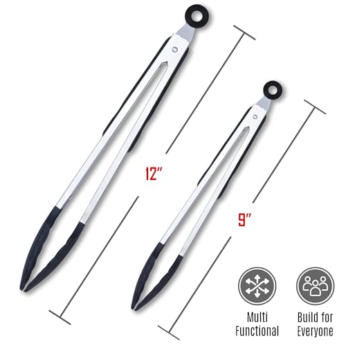 Kitchen Tongs Set (Pack of 2 Black (9" & 12"))