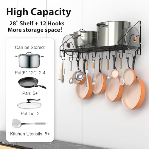 28 Inch Pot Rack Wall Mounted (28"W 1 Tier Black)