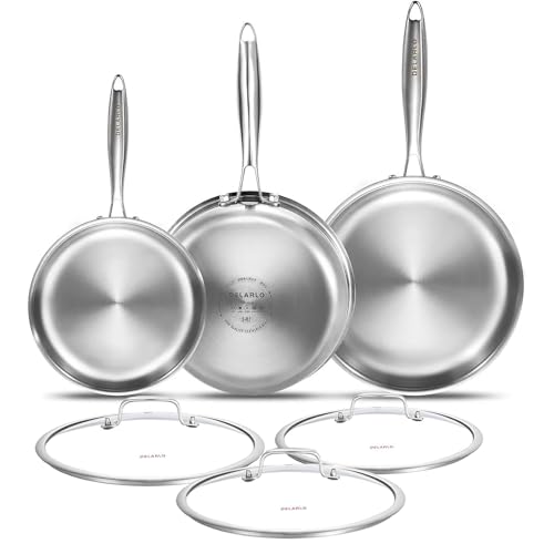 Tri ply Stainless Steel Frying Pan Set with Lid 8" 10" 12" (Stainless Steel)