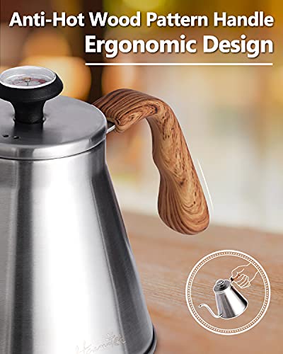 Gooseneck Kettle with Thermometer for Pour Over Coffee and Tea (Silver)