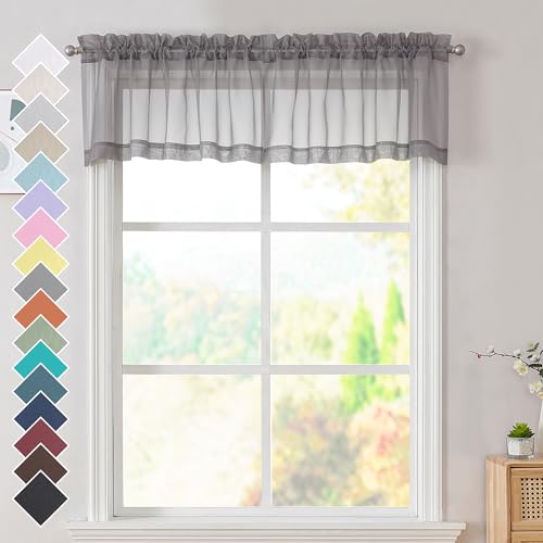 2 Panels Grey Sheer Valance (Charcoal Grey / 42"W x 14"L (Pack of 2))