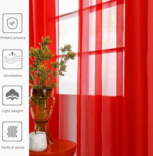 Solid Sheer Rod Pocket Curtain Voile Draperies 2 Panels White Beige Black Red Coffee 70 Inch Width 63 Inch Long 1 Pair for Kitchen Bedroom Children Living Room Yard (Red / 70"W x 63"L (Pack of 2))