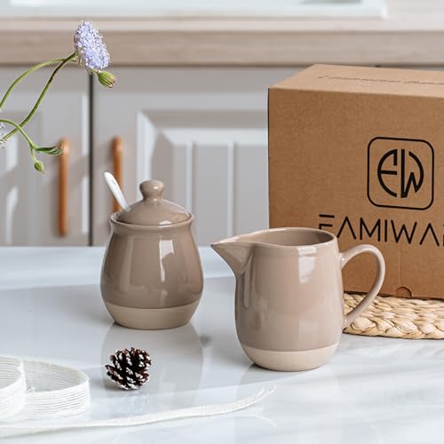 Ceramic 10oz Sugar Bowl & 13oz Creamer Set (Cream & Sugar Set / Cinnamon Brown)