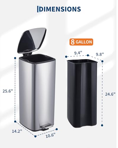 8 Gallon Step Square Trash Can with Soft (Silver)