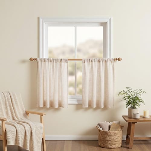 Kitchen Semi Sheer Linen Curtains 24 Inch Long (34"W x 24"L (Pack of 2) / Linen)