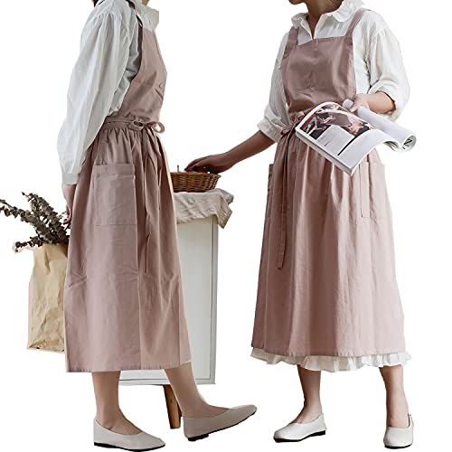 Women Cotton Linen Cross Back Apron with Pockets for Gardening Works Pinafore Dress (Pink)