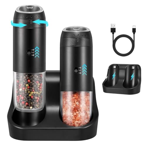Rechargeable Gravity Electric Salt Grinder Set (Black with Charging Base)
