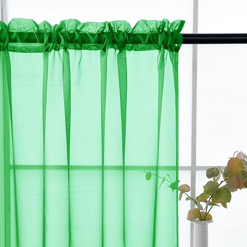 Solid Sheer Rod Pocket Curtain Voile Draperies 2 Panels White Beige Black Grey Coffee 52 Inch Width 108 Inch Long 1 Pair for Kitchen Bedroom Children Living Room Yard (Green / 52"W x 108"L (Pack of 2))