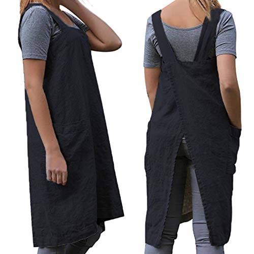 Women's Cross Back Pinafore Apron with Large Pockets Home Kitchen (3X-Large / Black)