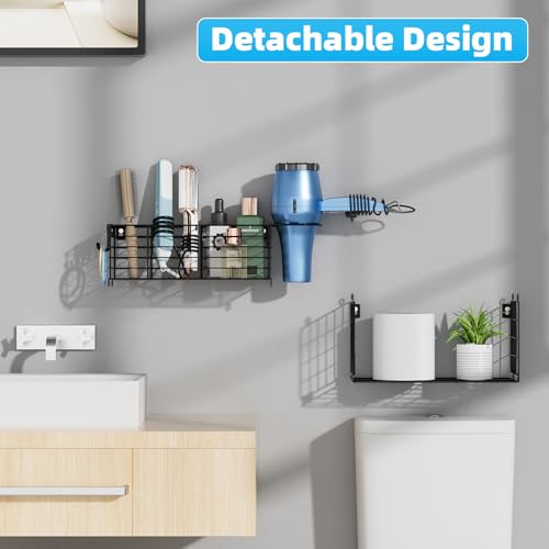 Metal Hair Tool Organizer with Toilet Paper Storage Basket Wall Mount (Black 2 Tiers)