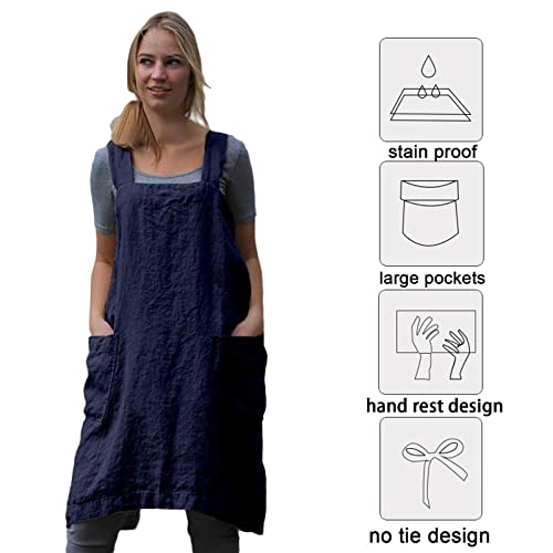 Pinafore Cross Back Apron for Women with Pockets (3X-Large / Blue)